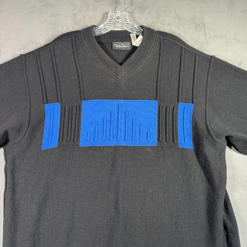VTG Carlo Colucci Sweater Mens Size 52/ L Black Blue 3D Knit Wool Blend Cosby - Picture 2 of 10